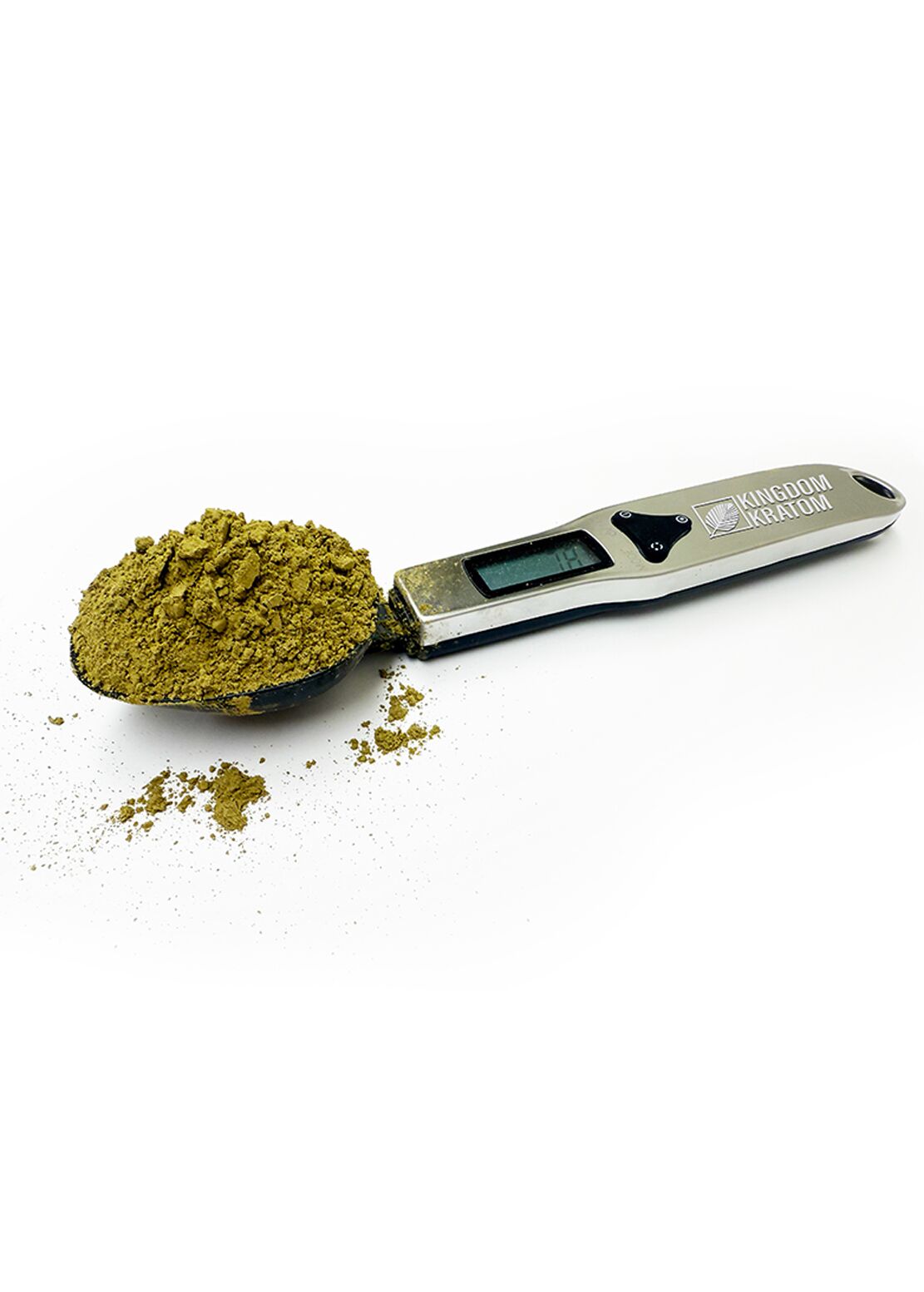A digital measuring spoon with a metal spoon and ABS plastic body, displaying an LCD screen showing the weight of the substance. Some kratom powder is scattered around the spoon.
