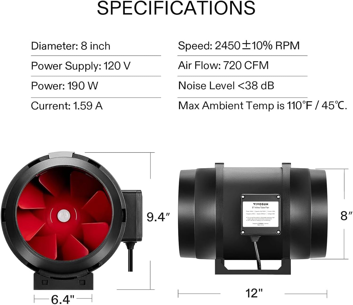 VIVOSUN R8 8 Inch 720 CFM Inline Duct Ventilation Fan with Variable Speed Controller for Grow Tent