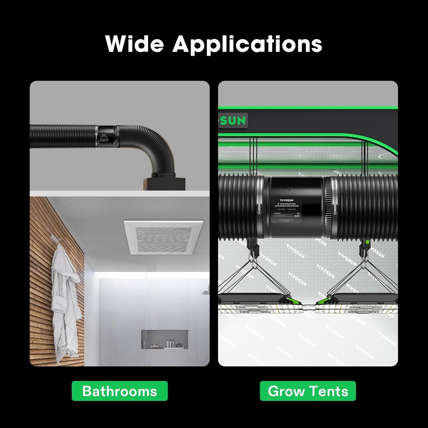 VIVOSUN Inline Booster Duct Fan 8” 420 CFM, HVAC Exhaust Ventilation Fan with Low Noise for Basements, Bathrooms, Kitchens, Attics, Grow Tents, Black