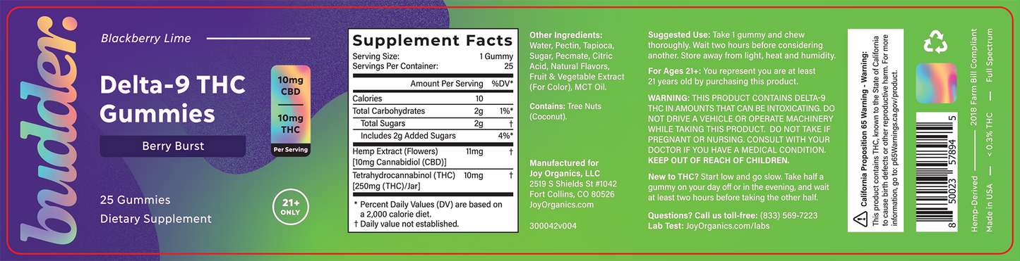 Joy Organics 10mg Delta 9 THC Gummies (Blackberry Lime)