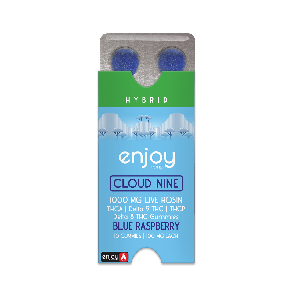 Enjoy Hemp Cloud Nine THCA+THCP+D9+D8 Live Rosin 1000mg Gummies (100 mg each | 10 Gummies) - Blue Raspberry (Hybrid) Best Sales Price - Gummies