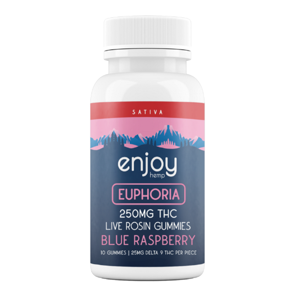 Enjoy Hemp Live Rosin Mega Dose Delta 9 THC 250mg Gummies for Euphoria (Sativa-Infused Blue Raspberry) - 25mg each | 10 gummies Best Sales Price - Gummies