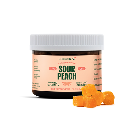CBDistillery Sour Peach 5mg THC + 25mg CBD Gummies