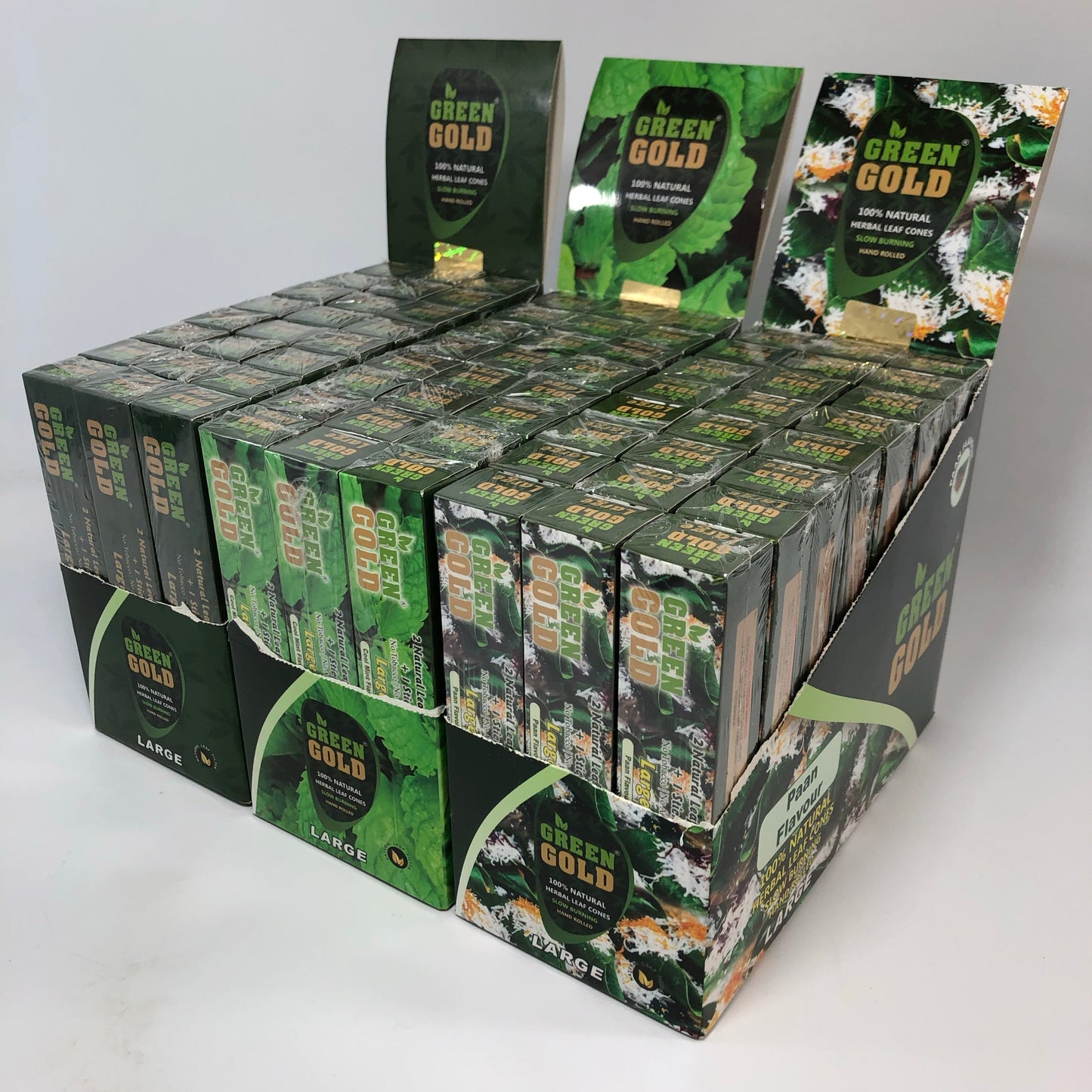GREEN GOLD ALL NATURAL HERBAL LEAF CONES 24 BOXES PER DISPLAY (2 CONES PER BOX) Best Sales Price - Rolling Papers & Supplies