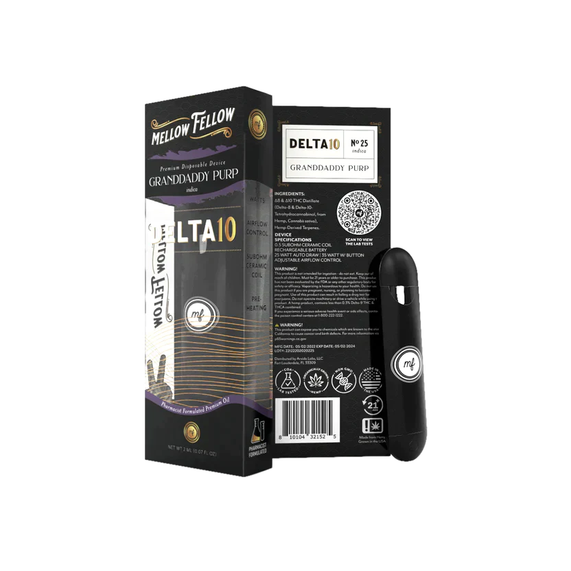 Mellow Fellow Granddaddy Purp Delta 10 Premium 2ml Disposable Vape (Indica) Best Sales Price - Vape Pens
