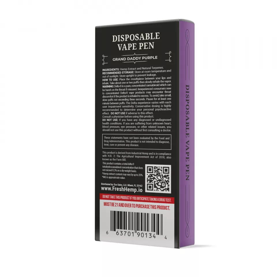 Grand Daddy Purp Strain Vape -Purple Vape Pen - Delta 8 THC - Fresh Brand - 900MG Best Sales Price - Vape Pens