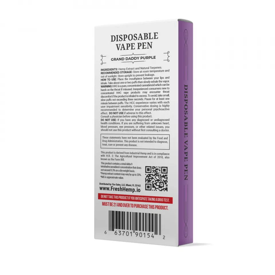 Grand Daddy Purp Strain Vape -Grand Daddy Purple Vape Pen - HHC - Fresh Brand - 900MG Best Sales Price - Vape Pens