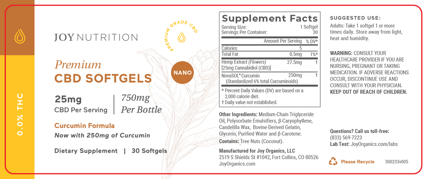 Joy Organics 25mg CBD Softgels with Curcumin