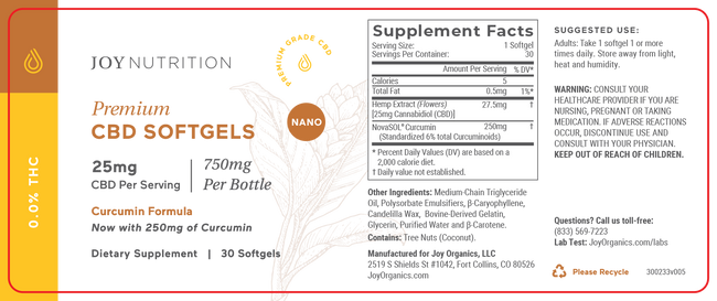 Joy Organics 25mg CBD Softgels with Curcumin