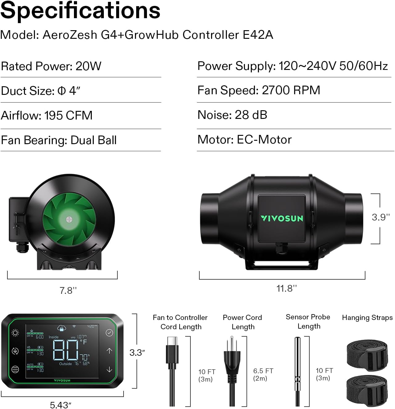 VIVOSUN G8 8" Inline Duct Fan & Temperature Humidity Controller, E42A WiFi-App Control AeroZesh Grow Tent Fan& Smart Thermostat, 725 CFM EC Motor Exhaust Fan for Heating Cooling, Greenhouse Accessory