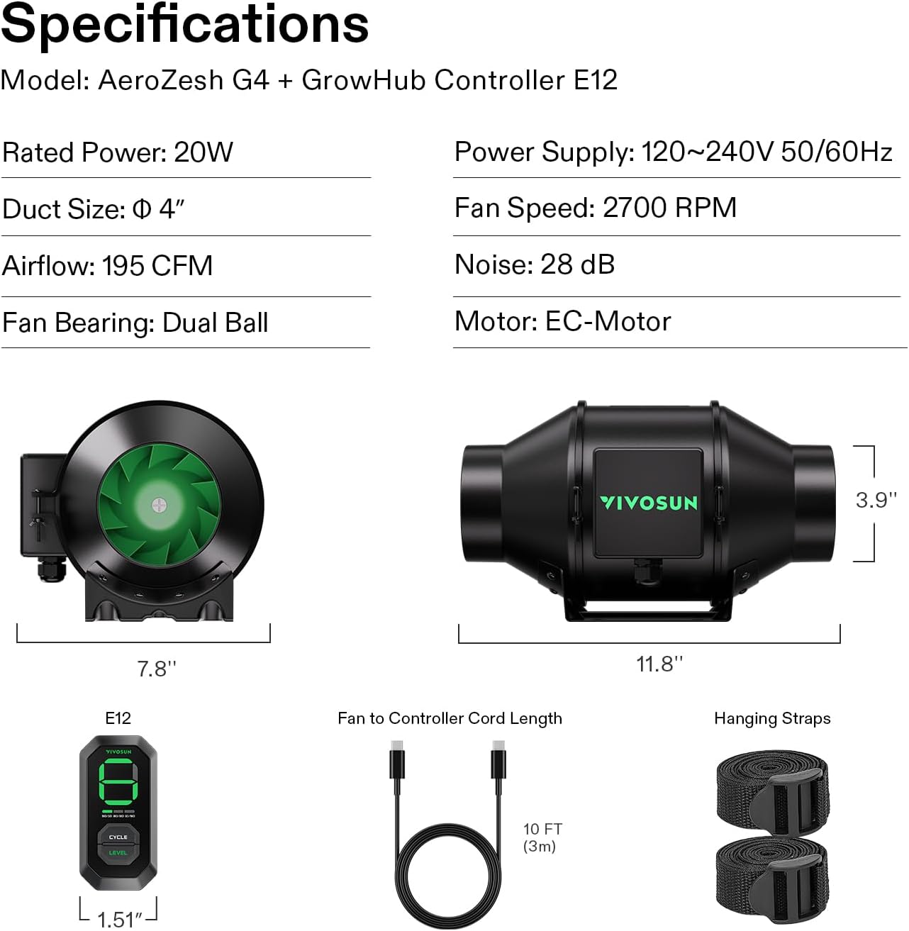 VIVOSUN G8 8" Inline Duct Fan & Temperature Humidity Controller, E42A WiFi-App Control AeroZesh Grow Tent Fan& Smart Thermostat, 725 CFM EC Motor Exhaust Fan for Heating Cooling, Greenhouse Accessory
