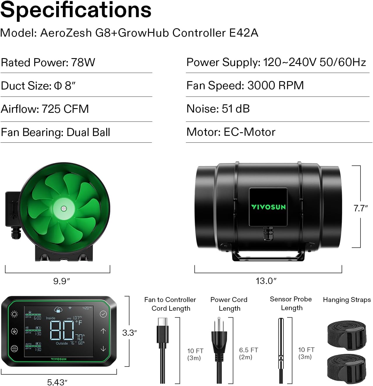 VIVOSUN G8 8" Inline Duct Fan & 3 Cycle Modes E12 Speed Controller, AeroZesh Grow Tent Kit Ventilation Fan with 725 CFM EC Motor, Programmable Exhaust Fan for Heating Cooling Booster, Hydroponics