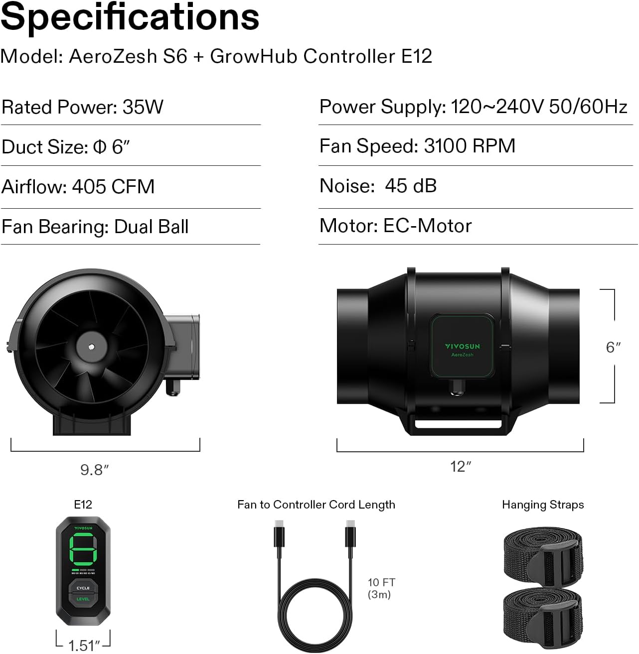 VIVOSUN G8 8" Inline Duct Fan & 3 Cycle Modes E12 Speed Controller, AeroZesh Grow Tent Kit Ventilation Fan with 725 CFM EC Motor, Programmable Exhaust Fan for Heating Cooling Booster, Hydroponics