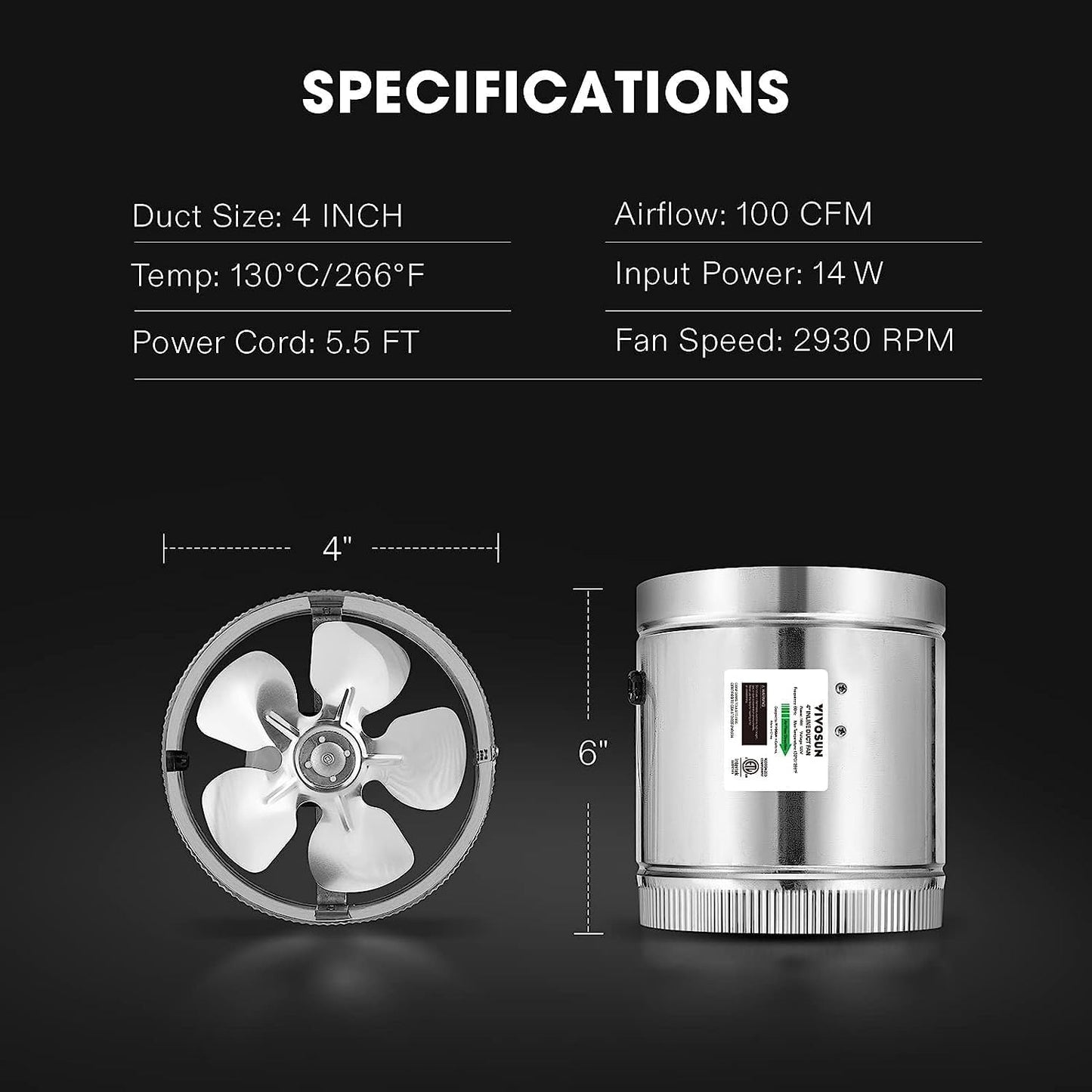 VIVOSUN 8 Inch Inline Duct Fan 420 CFM, HVAC Exhaust Ventilation Fan with Low Noise for Basements, Bathrooms, Kitchens and Attics, Silver