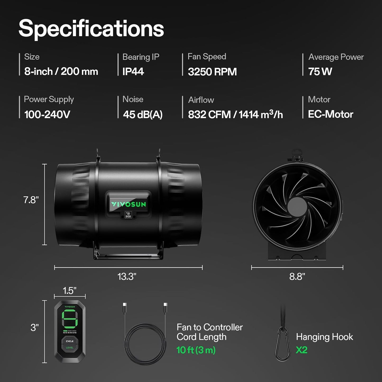 VIVOSUN G8 8" Inline Duct Fan & Temperature Humidity Controller, E42A WiFi-App Control AeroZesh Grow Tent Fan& Smart Thermostat, 725 CFM EC Motor Exhaust Fan for Heating Cooling, Greenhouse Accessory
