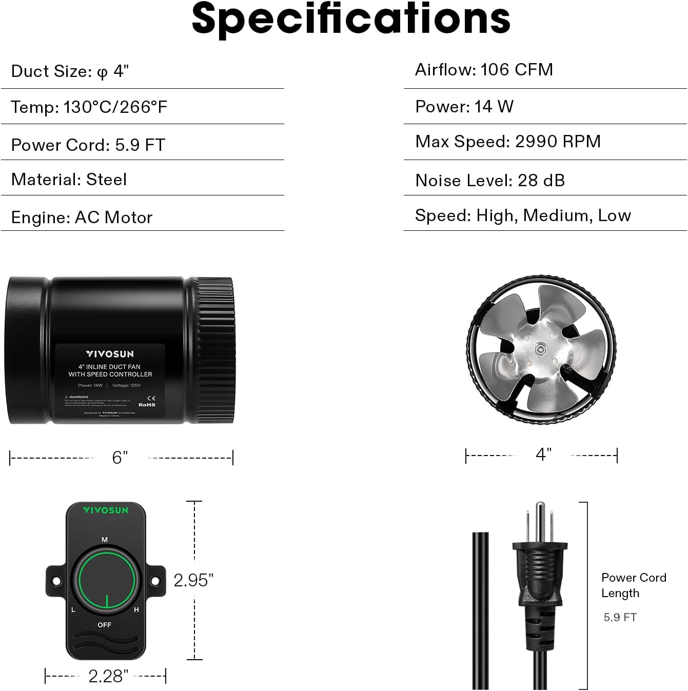 VIVOSUN Inline Booster Duct Fan 8” 420 CFM, HVAC Exhaust Ventilation Fan with Low Noise for Basements, Bathrooms, Kitchens, Attics, Grow Tents, Black