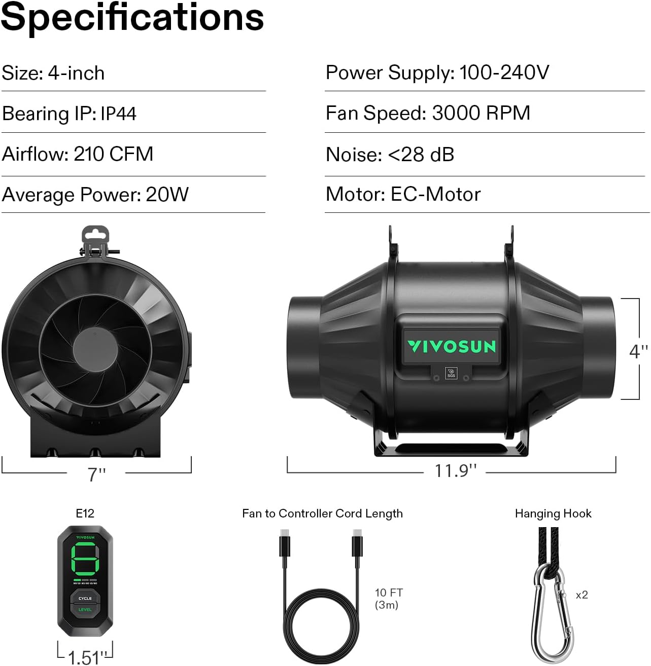 VIVOSUN G8 8" Inline Duct Fan & 3 Cycle Modes E12 Speed Controller, AeroZesh Grow Tent Kit Ventilation Fan with 725 CFM EC Motor, Programmable Exhaust Fan for Heating Cooling Booster, Hydroponics