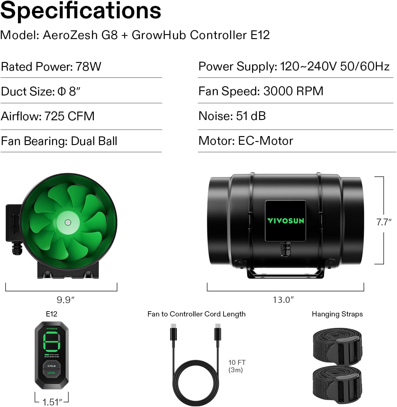 VIVOSUN G8 8" Inline Duct Fan & 3 Cycle Modes E12 Speed Controller, AeroZesh Grow Tent Kit Ventilation Fan with 725 CFM EC Motor, Programmable Exhaust Fan for Heating Cooling Booster, Hydroponics