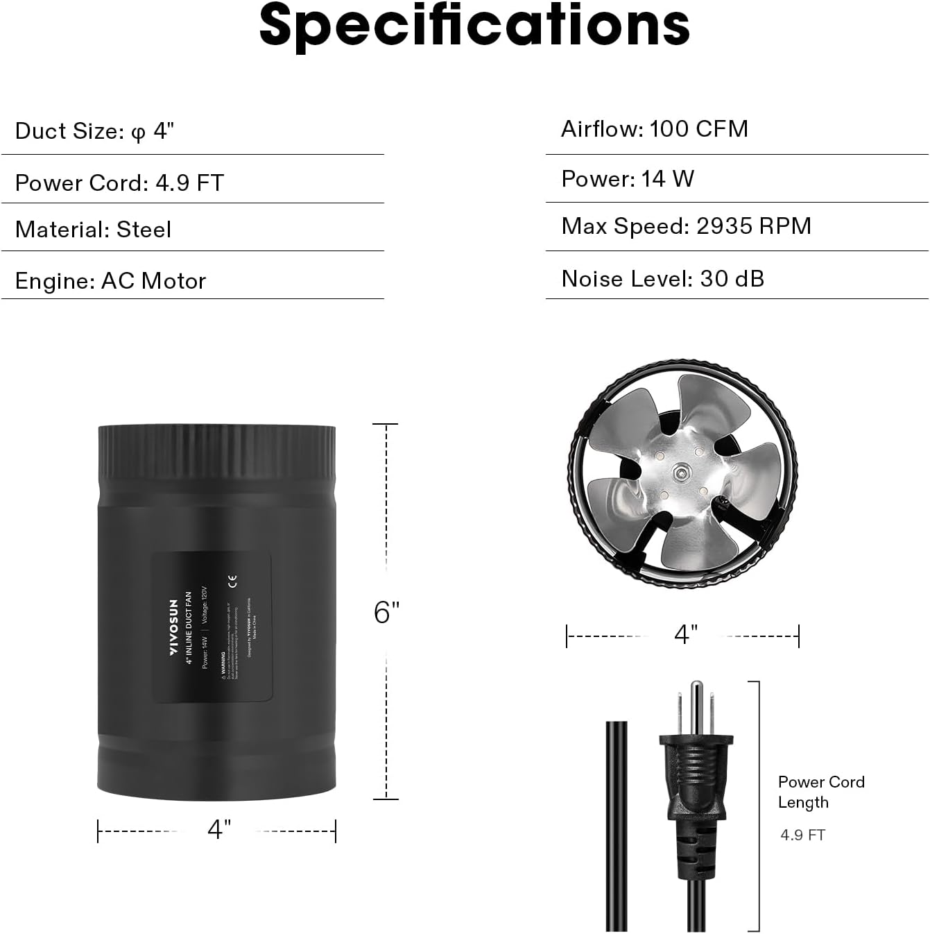 VIVOSUN Inline Booster Duct Fan 4” 100 CFM, HVAC Exhaust Ventilation Fan with Low Noise for Basements, Bathrooms, Kitchens, Attics, Grow Tents, Black
