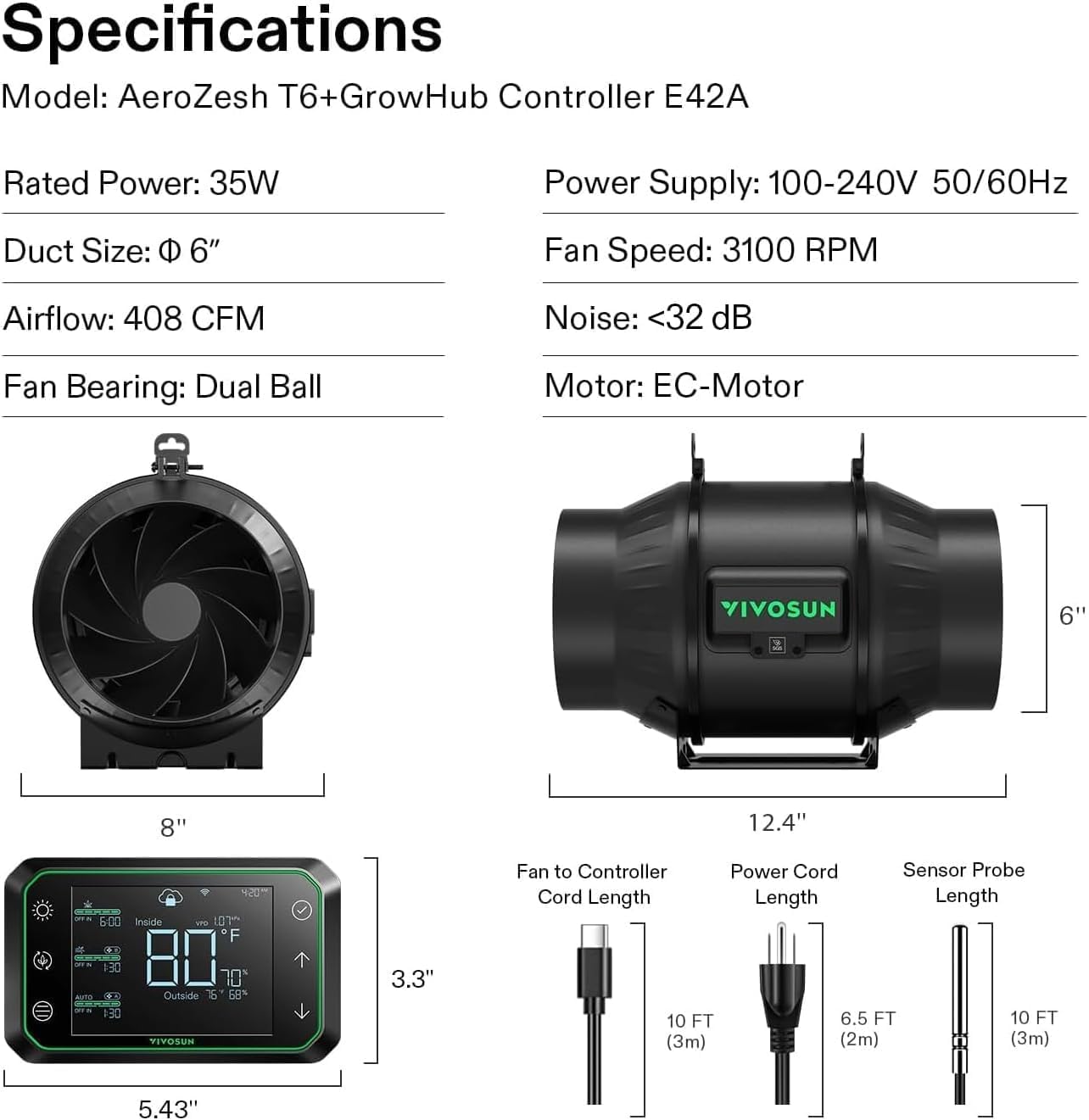 VIVOSUN G8 8" Inline Duct Fan & 3 Cycle Modes E12 Speed Controller, AeroZesh Grow Tent Kit Ventilation Fan with 725 CFM EC Motor, Programmable Exhaust Fan for Heating Cooling Booster, Hydroponics