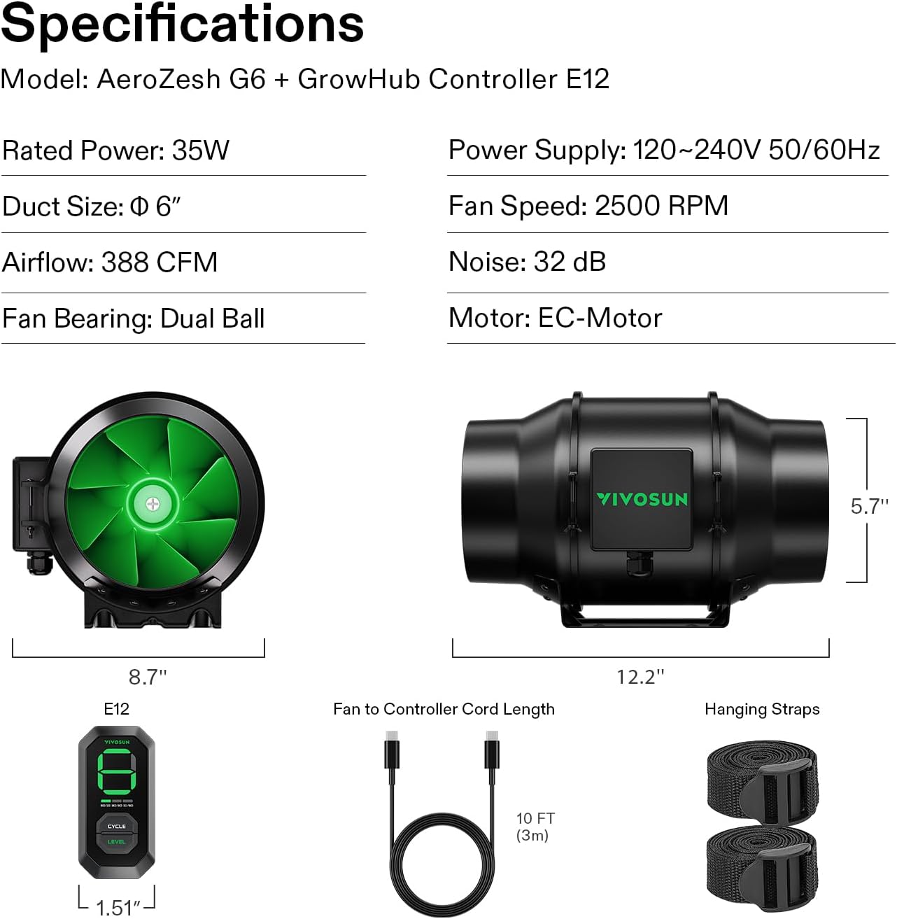 VIVOSUN G8 8" Inline Duct Fan & 3 Cycle Modes E12 Speed Controller, AeroZesh Grow Tent Kit Ventilation Fan with 725 CFM EC Motor, Programmable Exhaust Fan for Heating Cooling Booster, Hydroponics