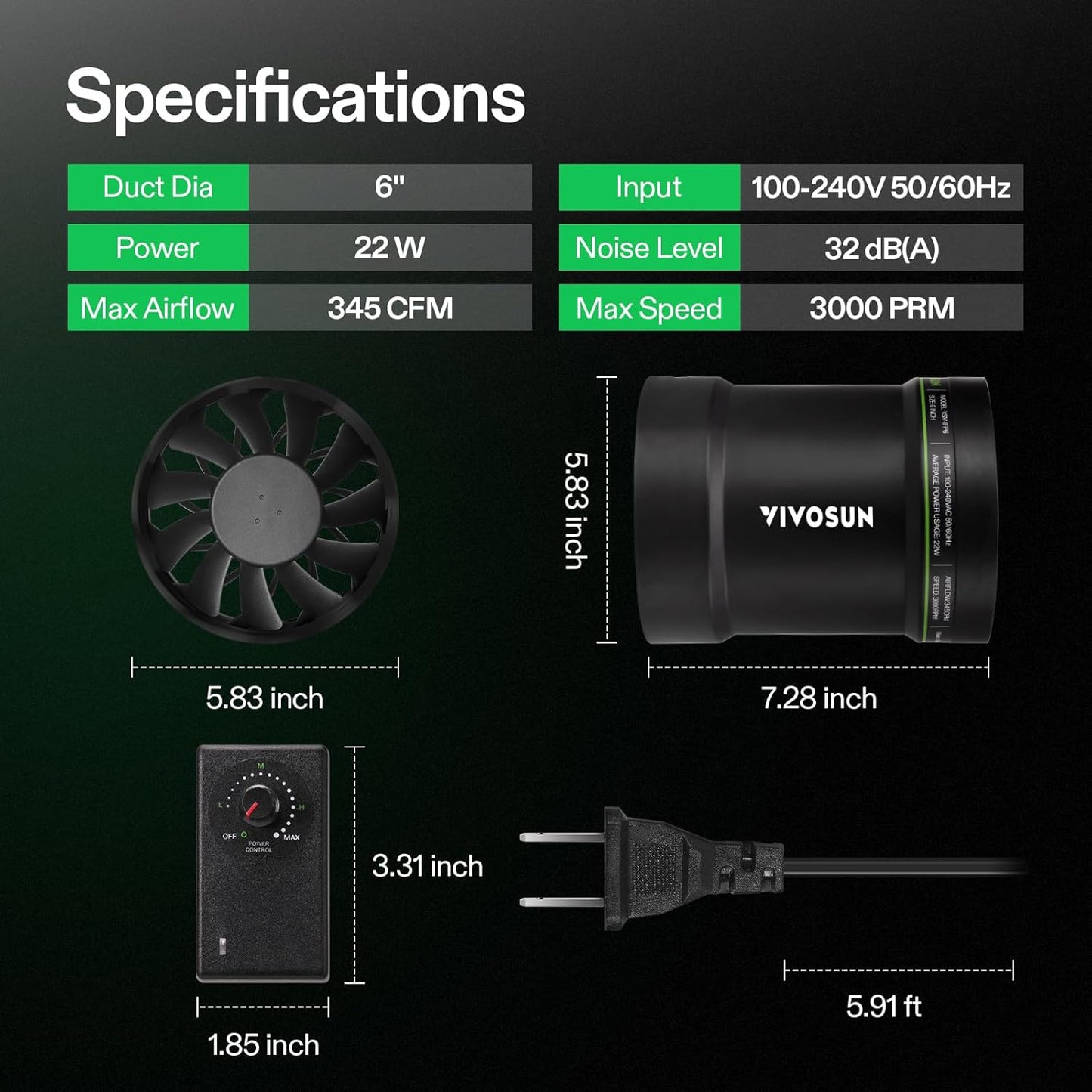 VIVOSUN 6” Inline Booster Duct Fan with Speed Regulator, 345 CFM Quiet Exhaust Fan for HVAC Ventilation in Grow Tents, Basements, Bathrooms, Kitchens, and Attics