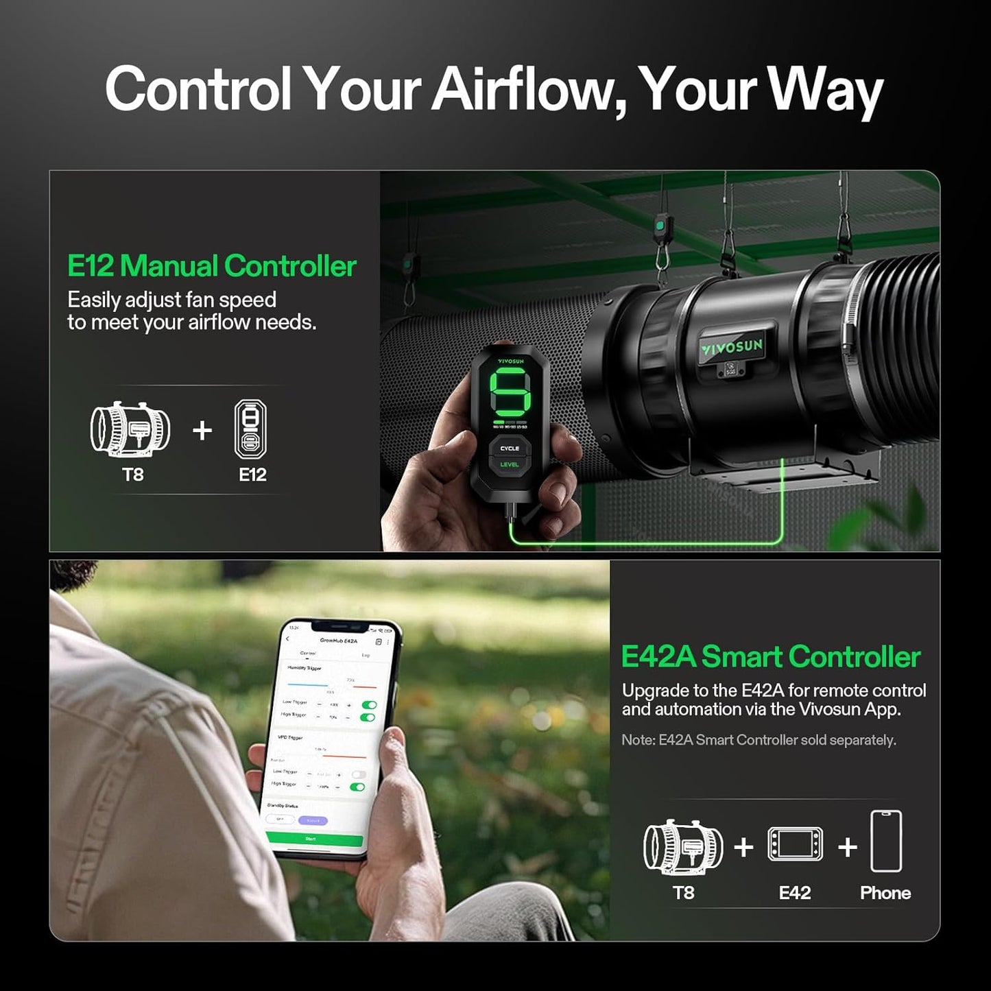 VIVOSUN G8 8" Inline Duct Fan & Temperature Humidity Controller, E42A WiFi-App Control AeroZesh Grow Tent Fan& Smart Thermostat, 725 CFM EC Motor Exhaust Fan for Heating Cooling, Greenhouse Accessory