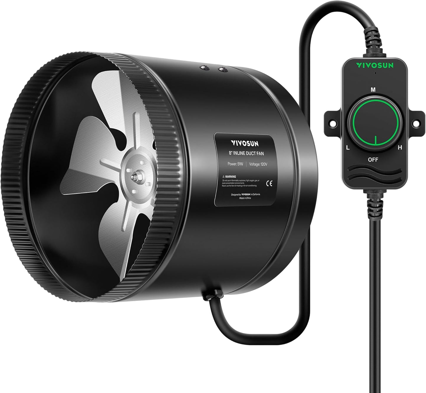 VIVOSUN Inline Booster Duct Fan 8” 420 CFM, HVAC Exhaust Ventilation Fan with Low Noise for Basements, Bathrooms, Kitchens, Attics, Grow Tents, Black