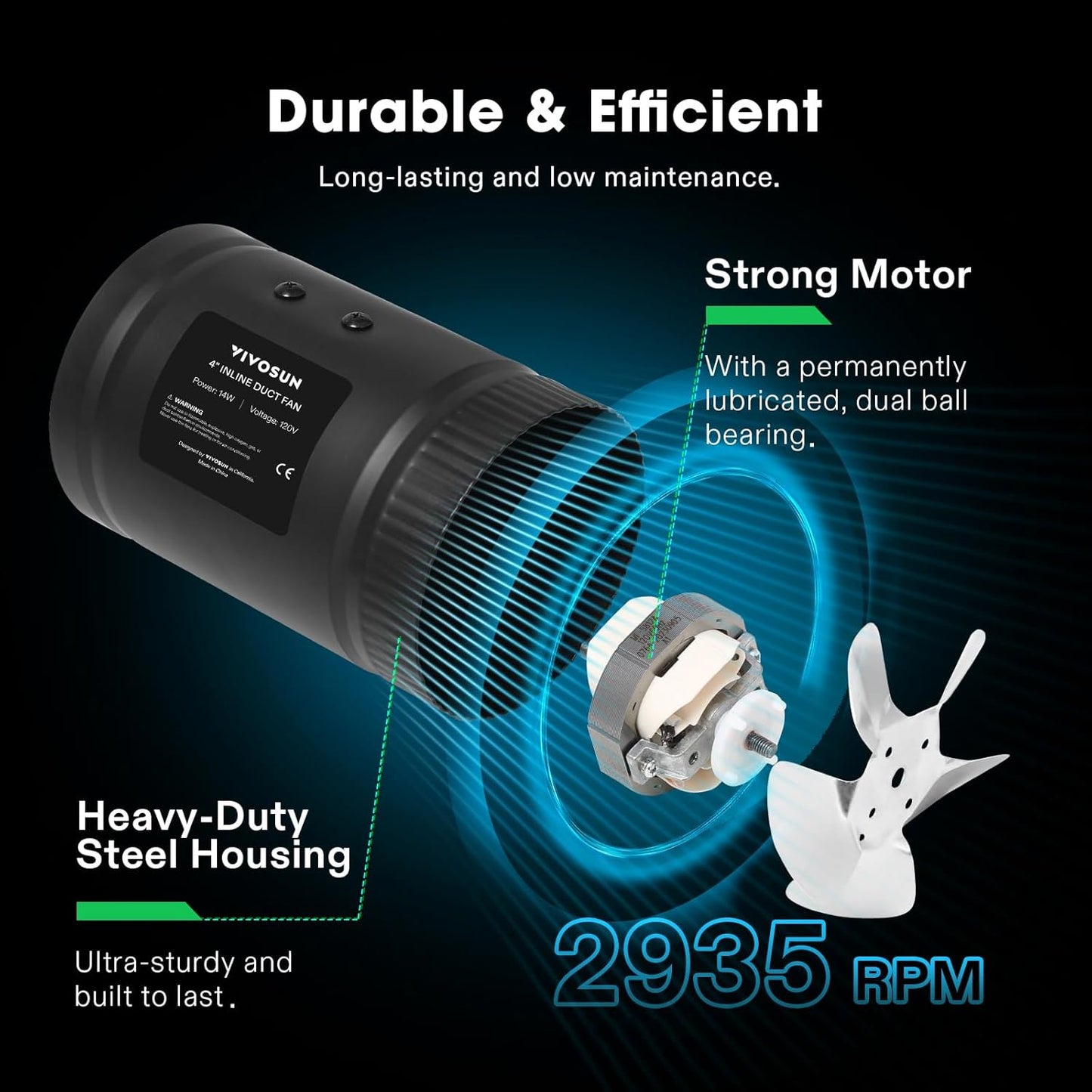 VIVOSUN Inline Booster Duct Fan 8” 420 CFM, HVAC Exhaust Ventilation Fan with Low Noise for Basements, Bathrooms, Kitchens, Attics, Grow Tents, Black