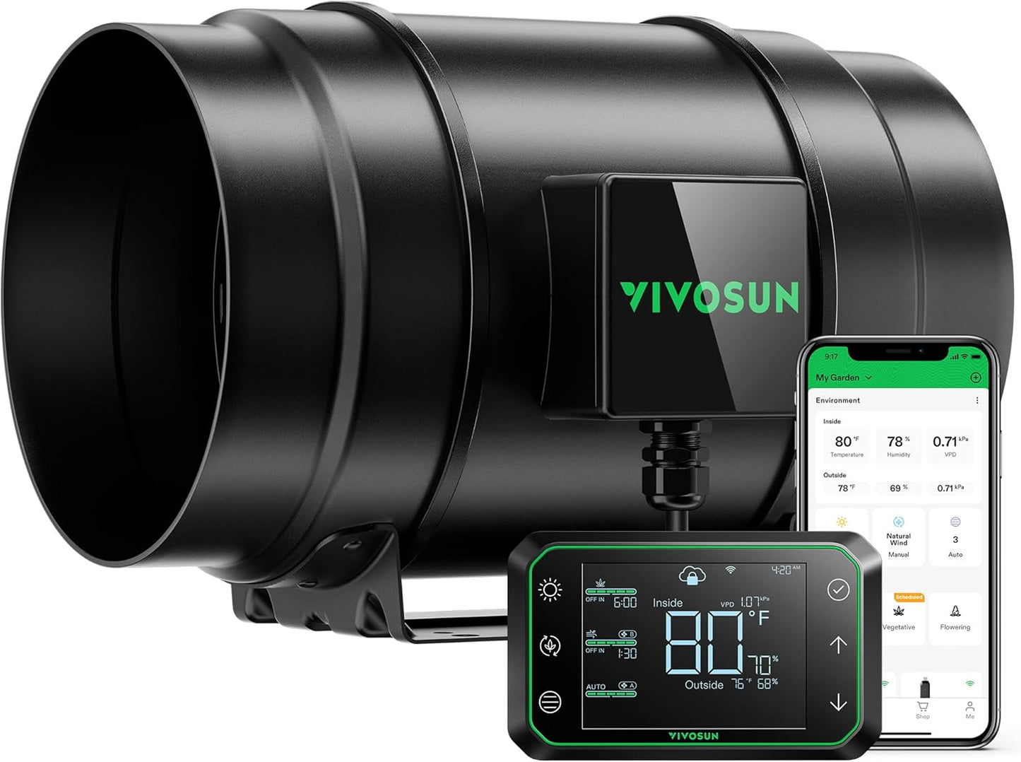 VIVOSUN G8 8" Inline Duct Fan & Temperature Humidity Controller, E42A WiFi-App Control AeroZesh Grow Tent Fan& Smart Thermostat, 725 CFM EC Motor Exhaust Fan for Heating Cooling, Greenhouse Accessory