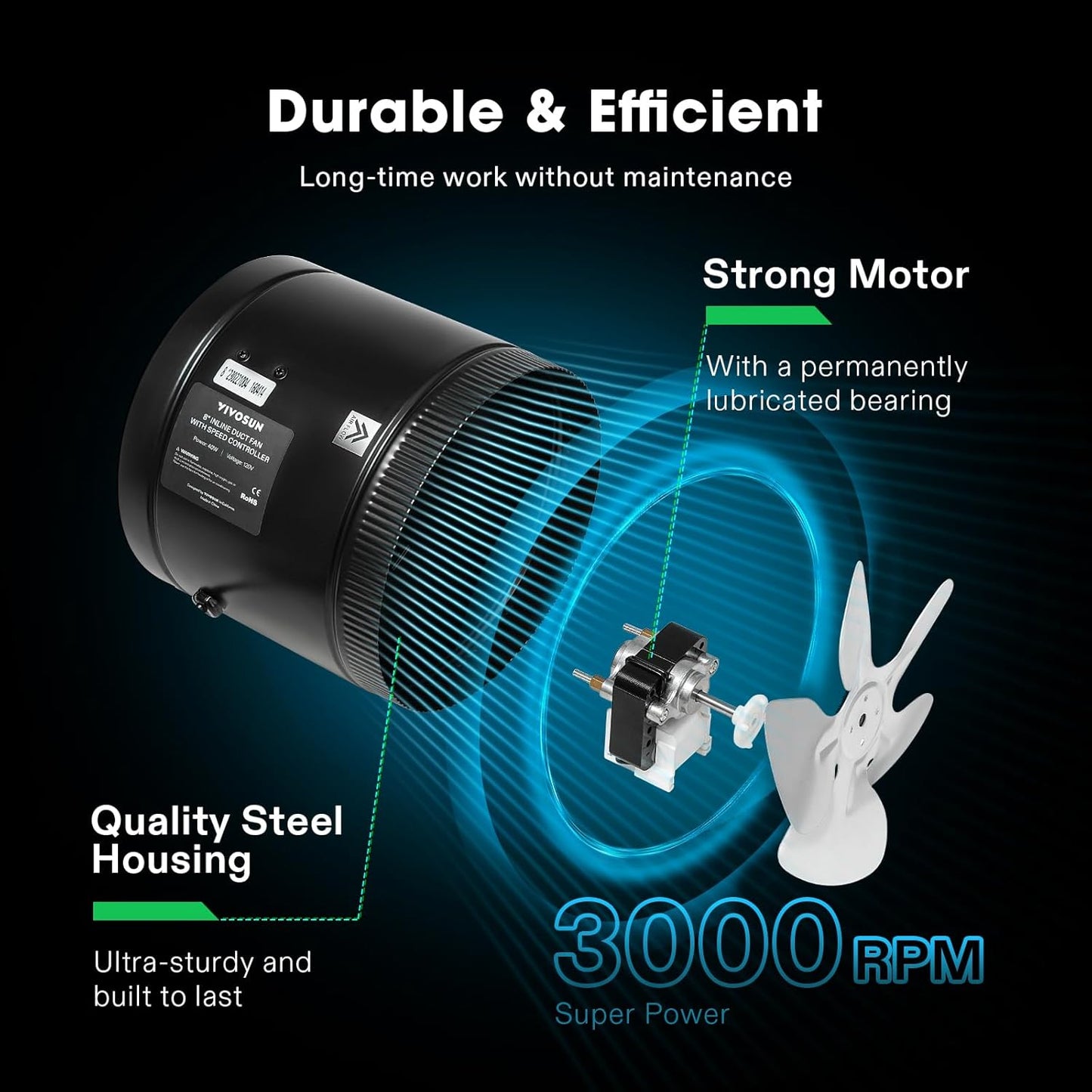 VIVOSUN Inline Booster Duct Fan 4” 100 CFM, HVAC Exhaust Ventilation Fan with Low Noise for Basements, Bathrooms, Kitchens, Attics, Grow Tents, Black