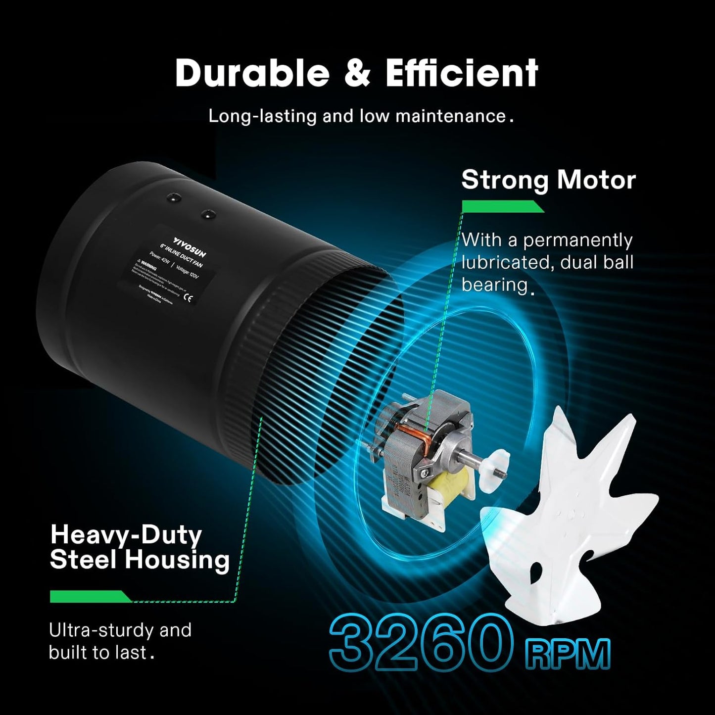 VIVOSUN Inline Booster Duct Fan 8” 420 CFM, HVAC Exhaust Ventilation Fan with Low Noise for Basements, Bathrooms, Kitchens, Attics, Grow Tents, Black