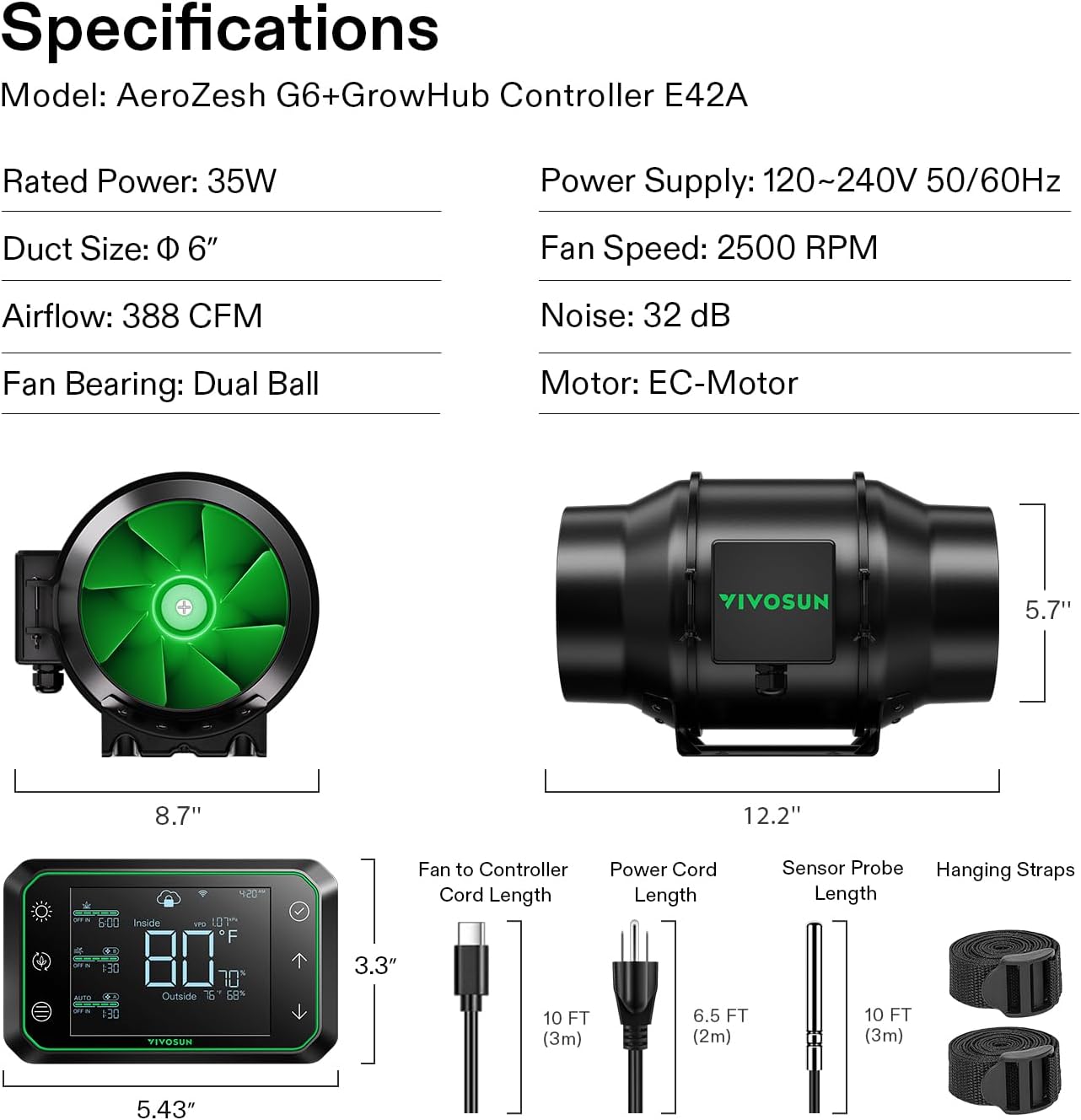 VIVOSUN G8 8" Inline Duct Fan & Temperature Humidity Controller, E42A WiFi-App Control AeroZesh Grow Tent Fan& Smart Thermostat, 725 CFM EC Motor Exhaust Fan for Heating Cooling, Greenhouse Accessory