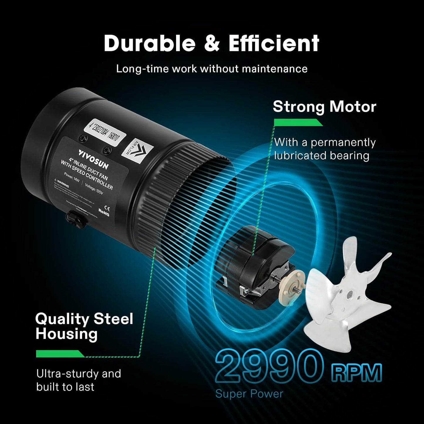 VIVOSUN Inline Booster Duct Fan 4” 100 CFM, HVAC Exhaust Ventilation Fan with Low Noise for Basements, Bathrooms, Kitchens, Attics, Grow Tents, Black