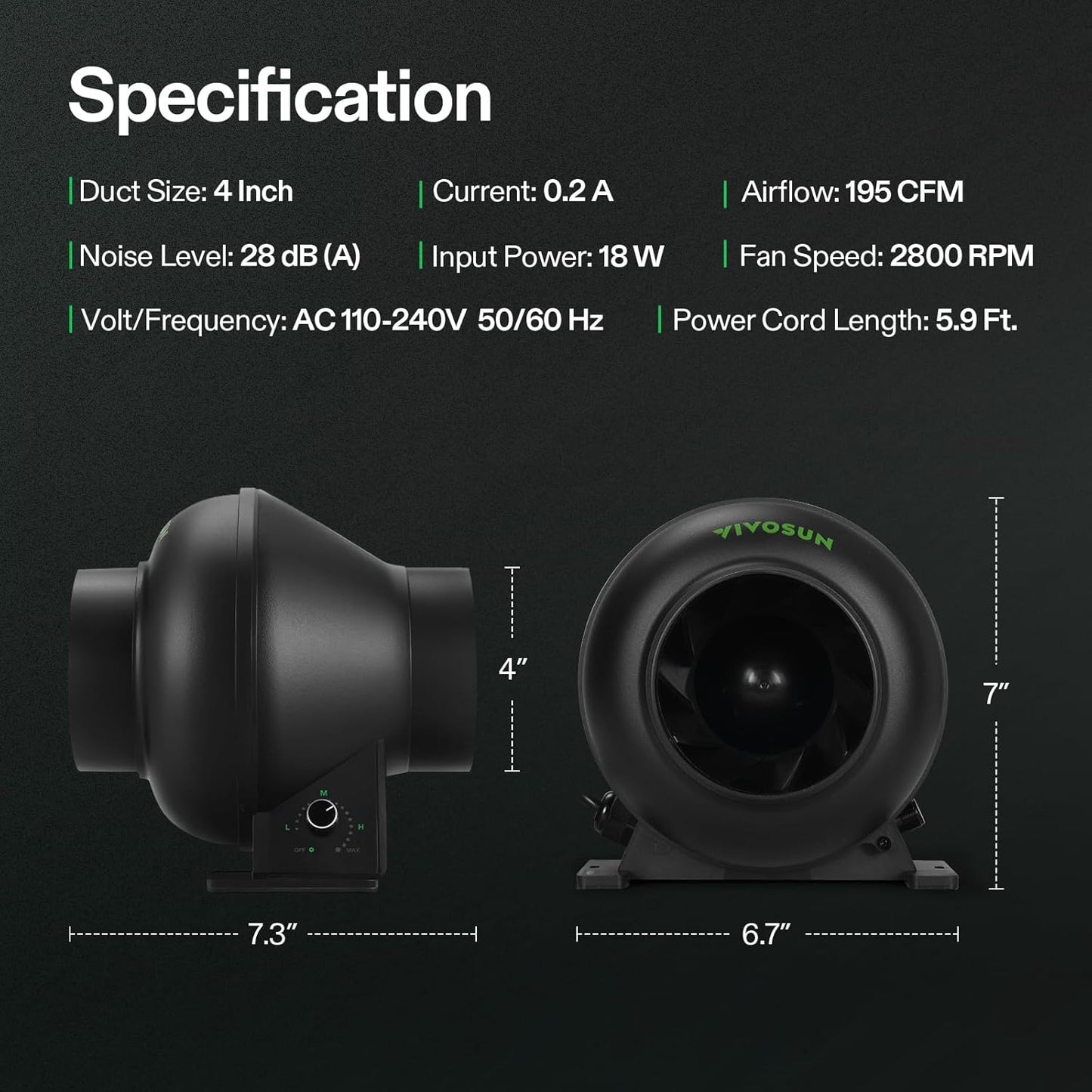 VIVOSUN M4 4-Inch Inline Duct Fan, 195 CFM Ventilation Fan with EC Motor, Adjustable Speed, Energy-efficient Vent Blower for HVAC, Grow Tent, Hydroponics