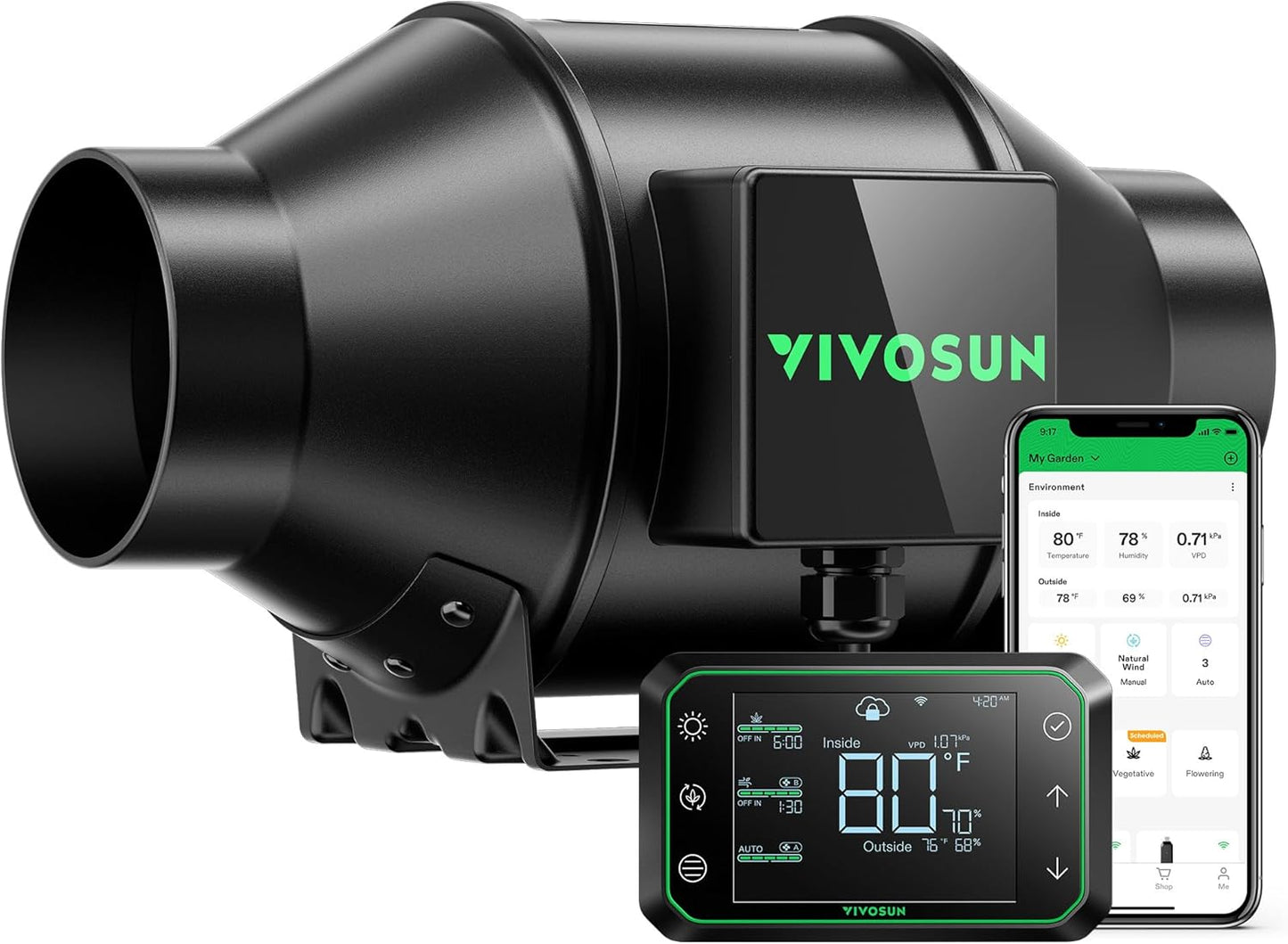 VIVOSUN G8 8" Inline Duct Fan & 3 Cycle Modes E12 Speed Controller, AeroZesh Grow Tent Kit Ventilation Fan with 725 CFM EC Motor, Programmable Exhaust Fan for Heating Cooling Booster, Hydroponics