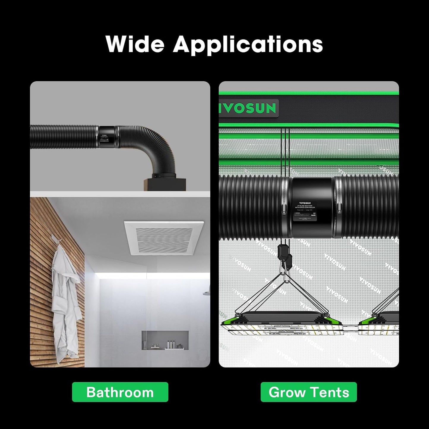 VIVOSUN Inline Booster Duct Fan 8” 420 CFM, HVAC Exhaust Ventilation Fan with Low Noise for Basements, Bathrooms, Kitchens, Attics, Grow Tents, Black