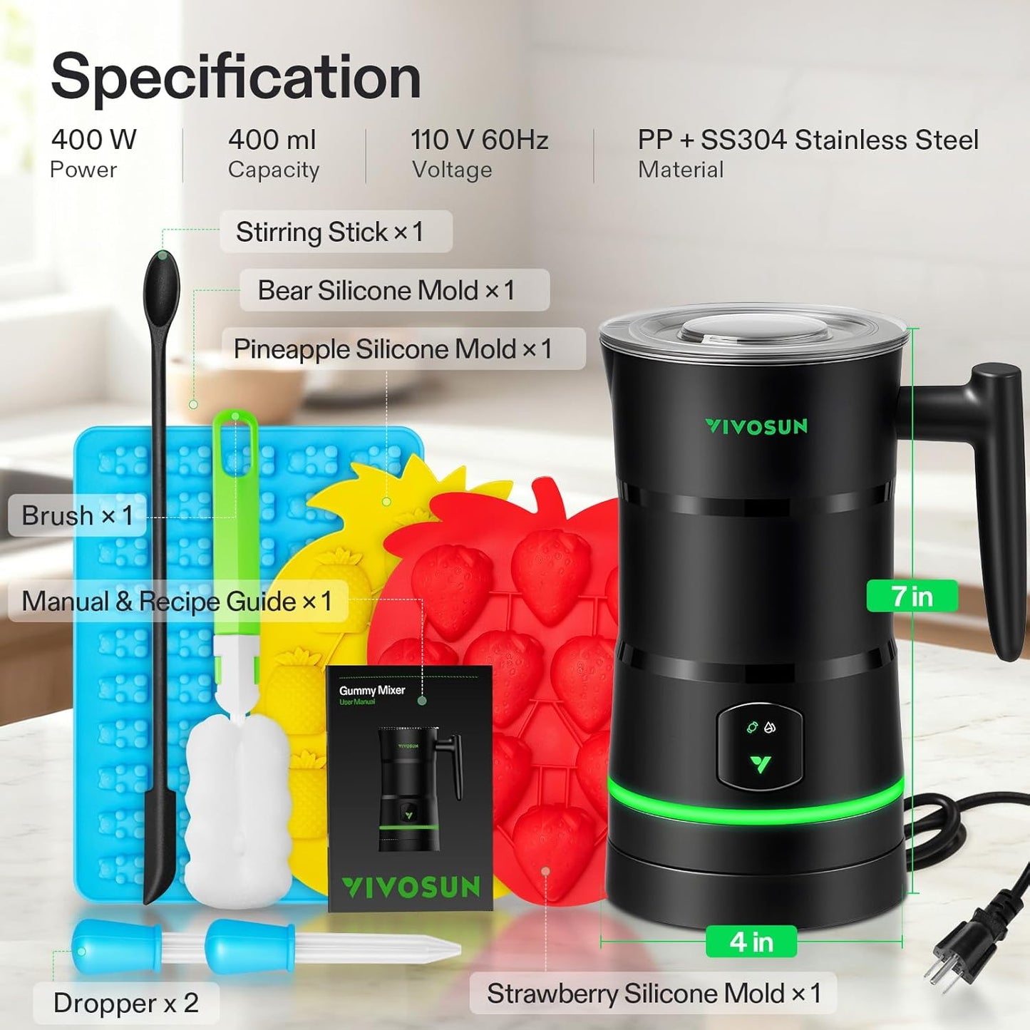 VIVOSUN Gummy Maker Machine, Hands-Free Candy Maker, Oil Infused Edible Mixer with Dual Rotor, Food-Grade Stainless Steel Pot and Silicone Molds, for Gummies Bear, DIY Candies, Party Treats