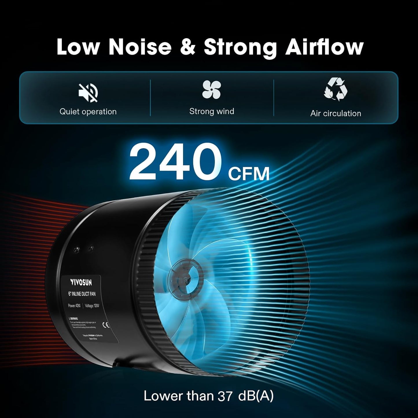 VIVOSUN Inline Booster Duct Fan 4” 100 CFM, HVAC Exhaust Ventilation Fan with Low Noise for Basements, Bathrooms, Kitchens, Attics, Grow Tents, Black