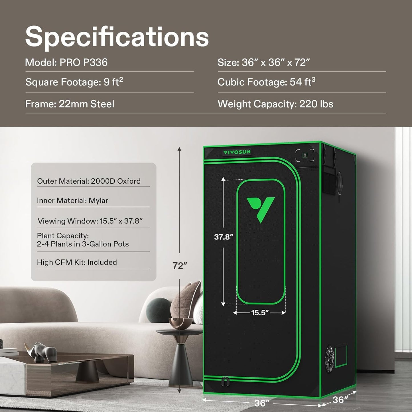 VIVOSUN P336 36"×36"×72" PRO Grow Tent, with Thick 1 inch Poles, Strengthened High Reflective Mylar Oxford Fabric, Extra Hanging Bars & High CFM Kit for Hydroponics Indoor Plant for AeroLight A200SE