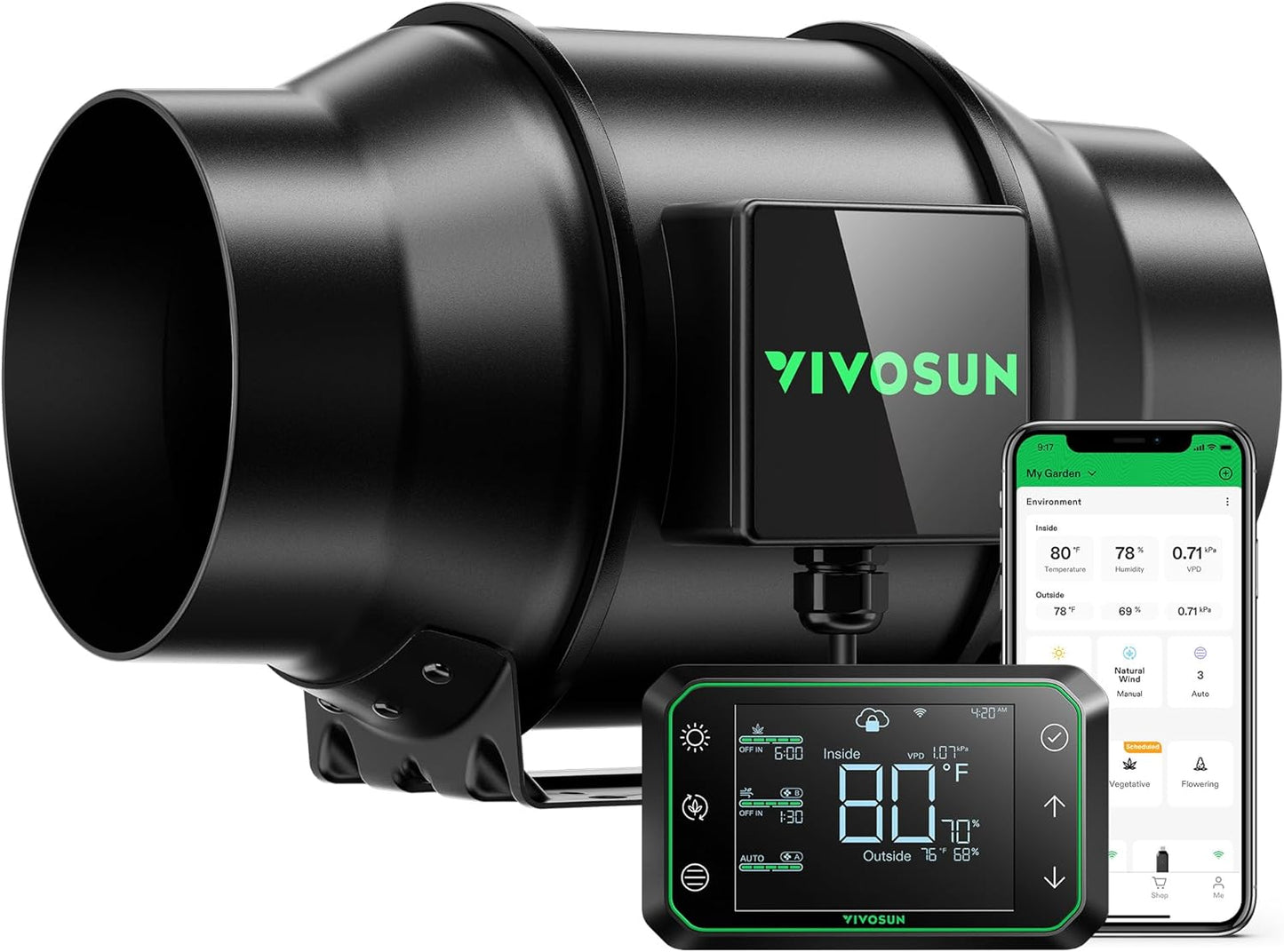 VIVOSUN G8 8" Inline Duct Fan & Temperature Humidity Controller, E42A WiFi-App Control AeroZesh Grow Tent Fan& Smart Thermostat, 725 CFM EC Motor Exhaust Fan for Heating Cooling, Greenhouse Accessory