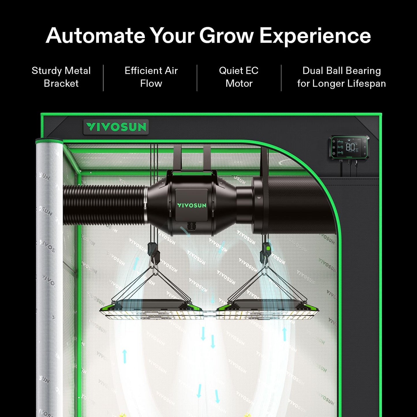 VIVOSUN G8 8" Inline Duct Fan & Temperature Humidity Controller, E42A WiFi-App Control AeroZesh Grow Tent Fan& Smart Thermostat, 725 CFM EC Motor Exhaust Fan for Heating Cooling, Greenhouse Accessory