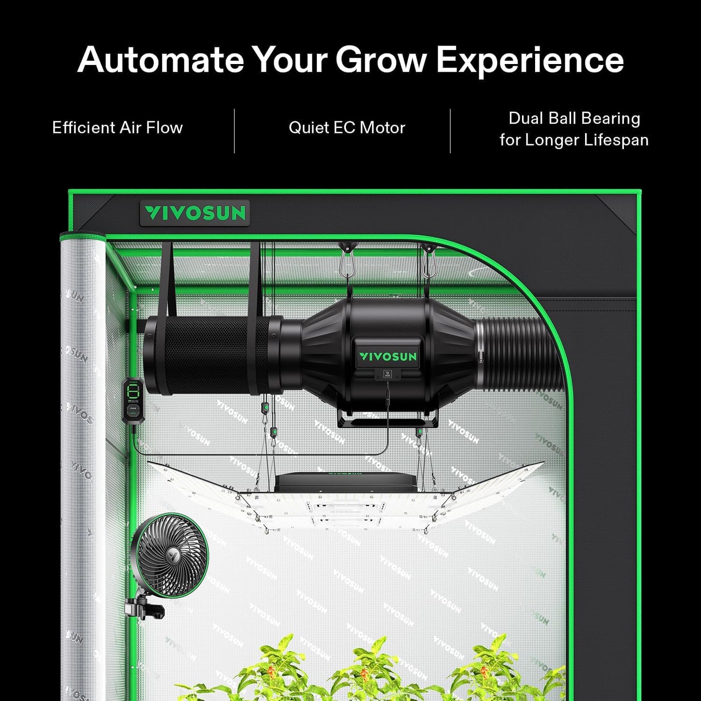 VIVOSUN G8 8" Inline Duct Fan & 3 Cycle Modes E12 Speed Controller, AeroZesh Grow Tent Kit Ventilation Fan with 725 CFM EC Motor, Programmable Exhaust Fan for Heating Cooling Booster, Hydroponics
