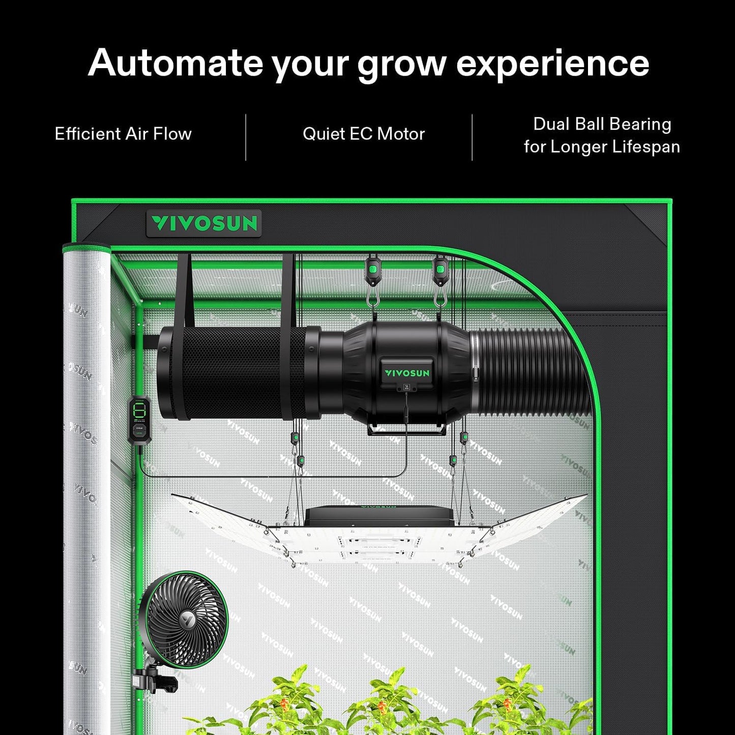 VIVOSUN G8 8" Inline Duct Fan & 3 Cycle Modes E12 Speed Controller, AeroZesh Grow Tent Kit Ventilation Fan with 725 CFM EC Motor, Programmable Exhaust Fan for Heating Cooling Booster, Hydroponics