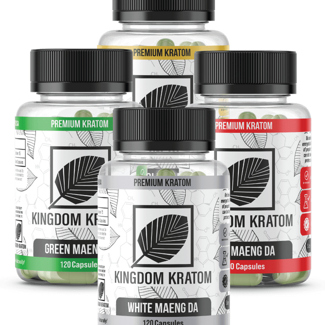 Four bottles of Kingdom Kratom capsules, each labeled with a different strain name: Green Maeng Da, Red Maeng Da, White Maeng Da, and Yellow Maeng Da.