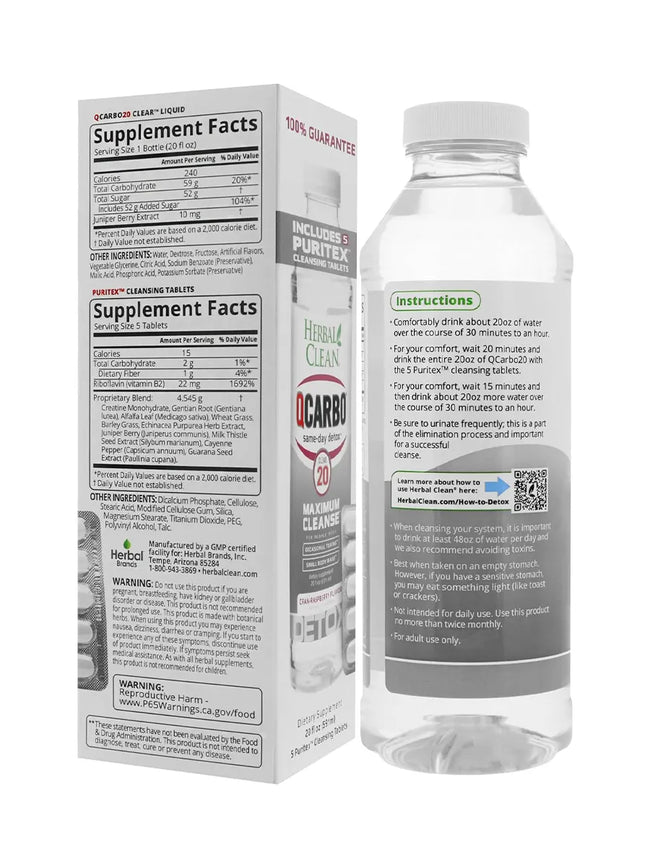 Cran-Raspberry Herbal Clean QCarbo20 Same-Day Detox Drink 20 fl oz + 5 Tablets