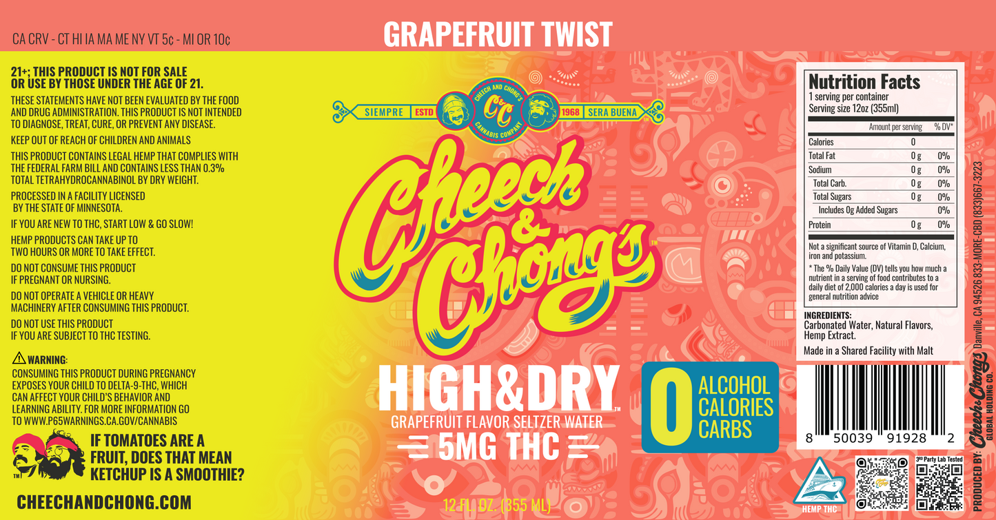 Cheech & Chong’s Grapefruit Twist High & Dry Thc Infused Seltzer Water (6 packs)