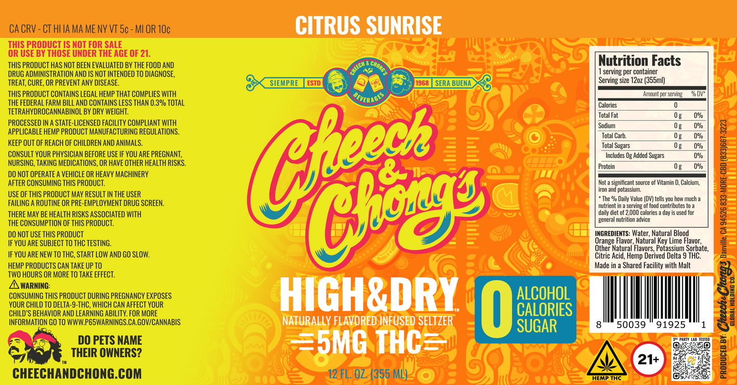 Cheech & Chong’s Citrus Sunrise High & Dry Thc Infused Seltzer Water (6 packs)