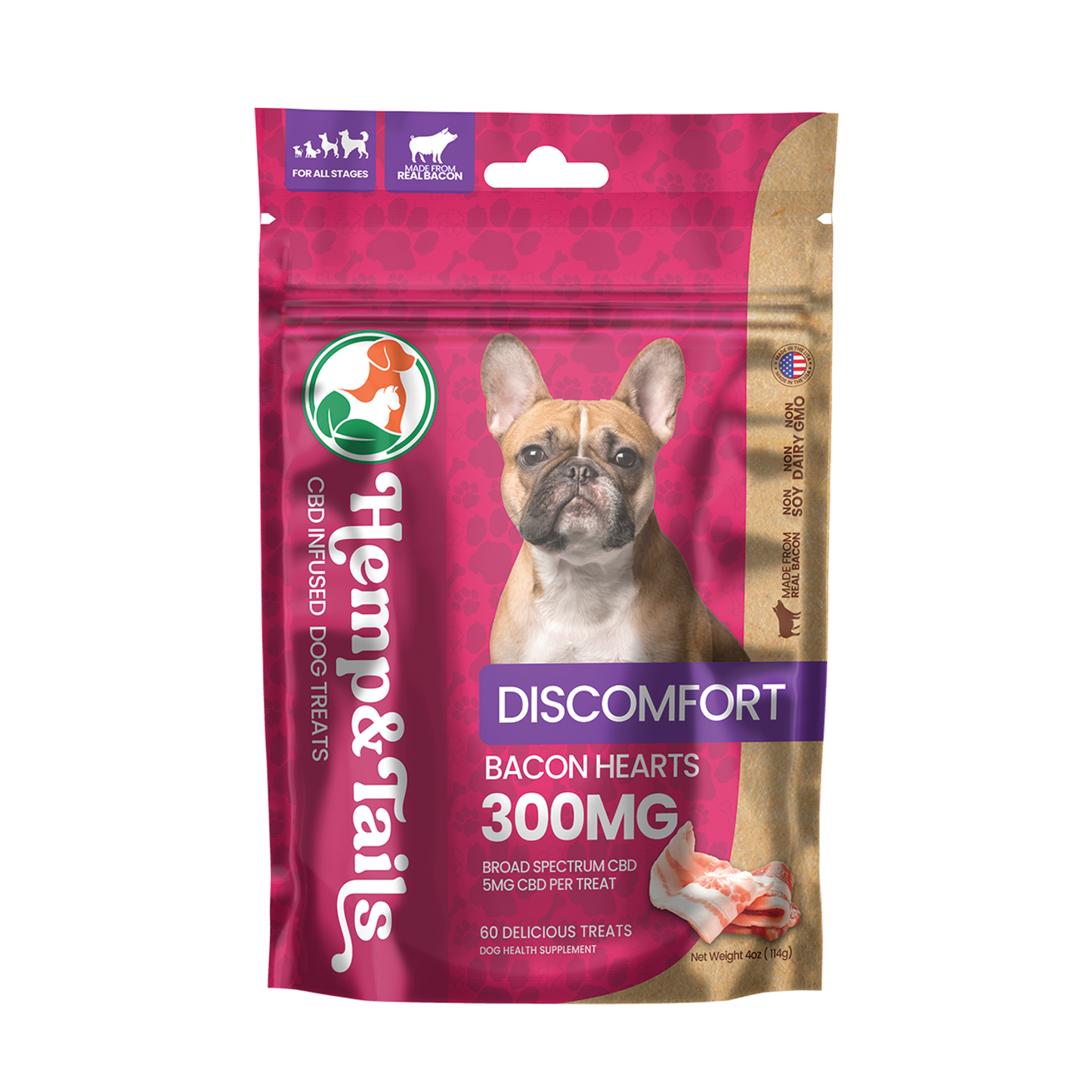 Hemp & Tails Dog Treats - Discomfort - Bacon Hearts