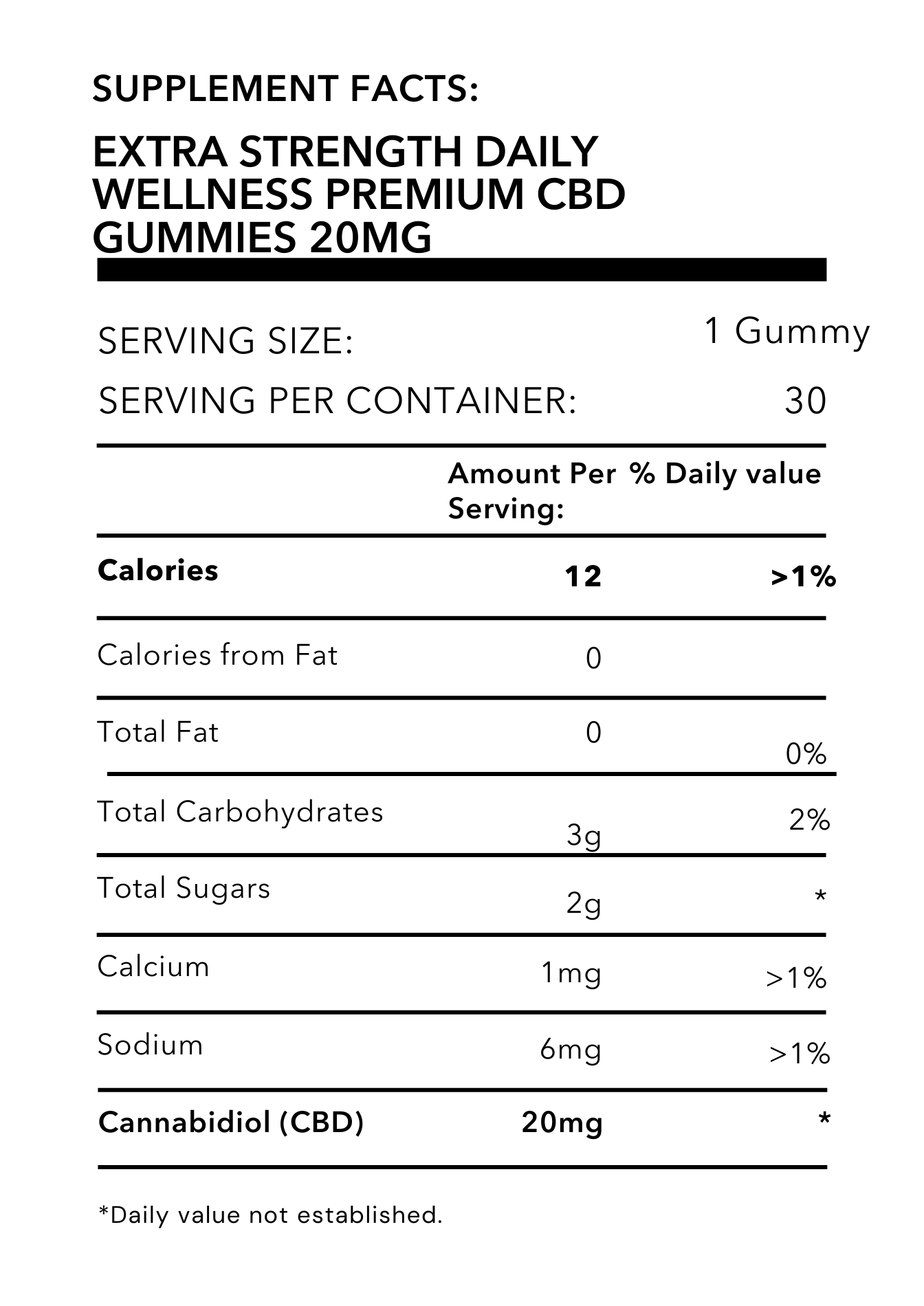 Extra Strength Daily Wellness Premium CBD Gummies 20mg 30ct